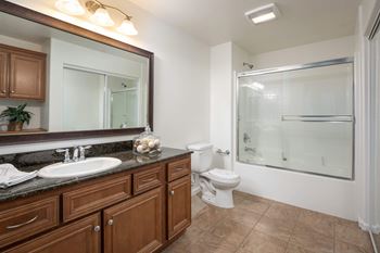 Spacious bathtub with enclosed shower doors